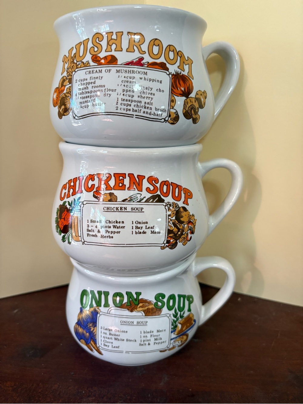 Vintage Recipe Soup Mugs Set — Mushroom, Chicken, Onion Designs